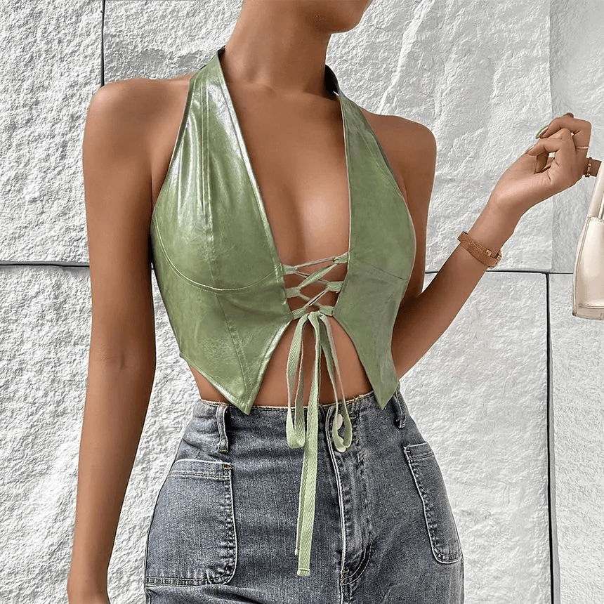 KittenAlarm - Clementine Plain Lace-Up Cropped Halter Top