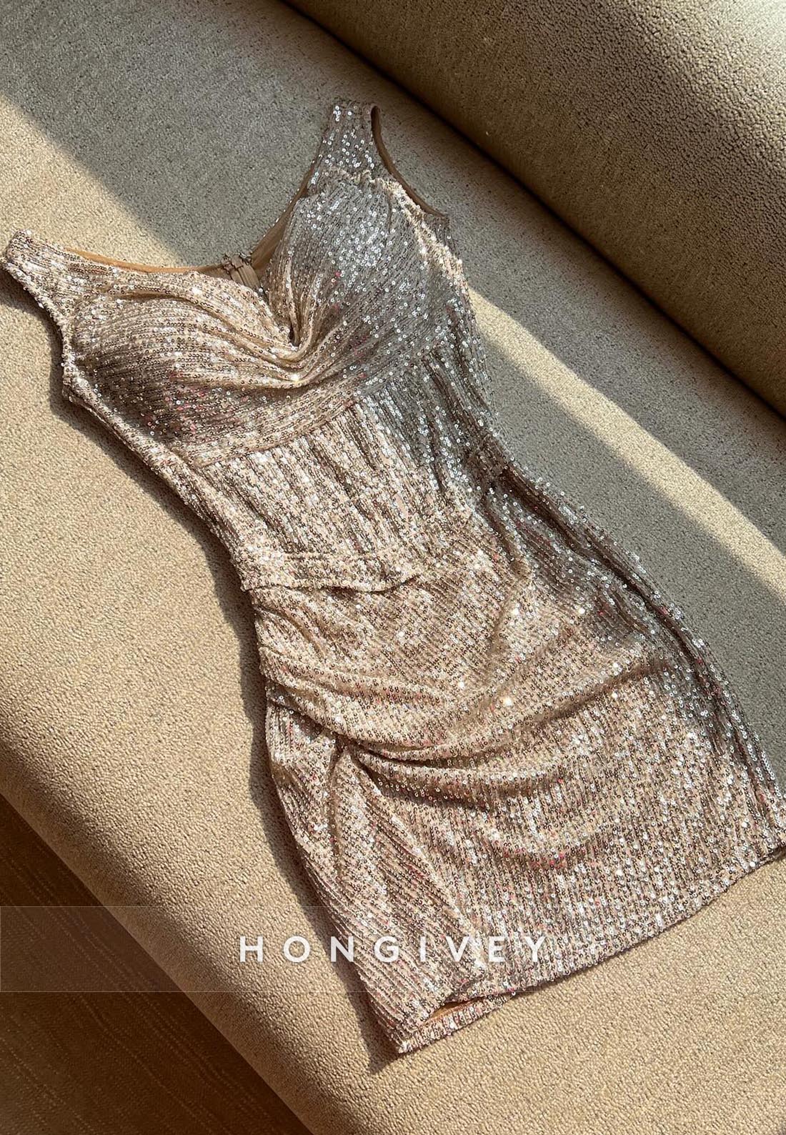 Sheath Mini V Neck Glitter Party Dress Regular Straps Pleated Homecoming Dresses