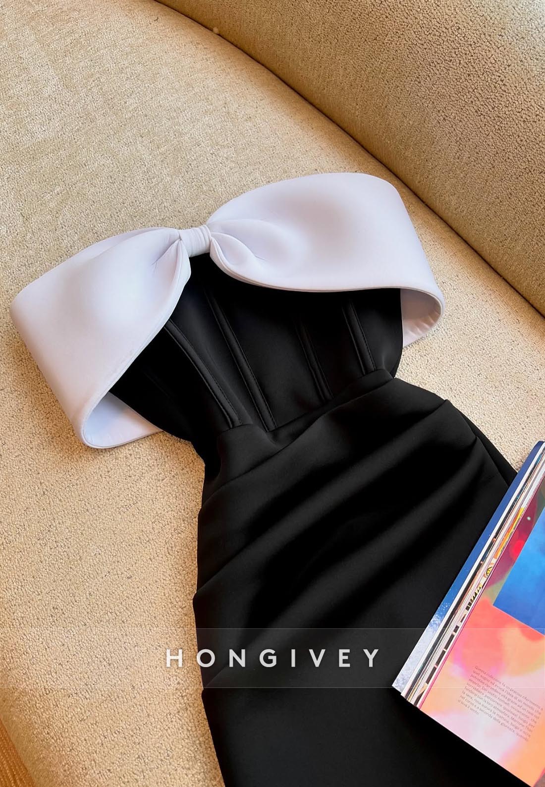 Black Simple Sheath Short Party Dresses Off the Shoulder Bowknot Pleated Homecoming Dresses