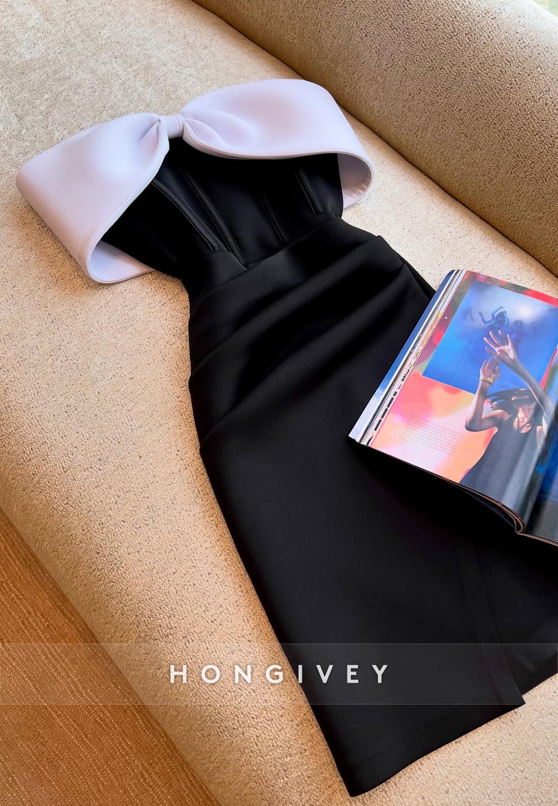 Black Simple Sheath Short Party Dresses Off the Shoulder Bowknot Pleated Homecoming Dresses