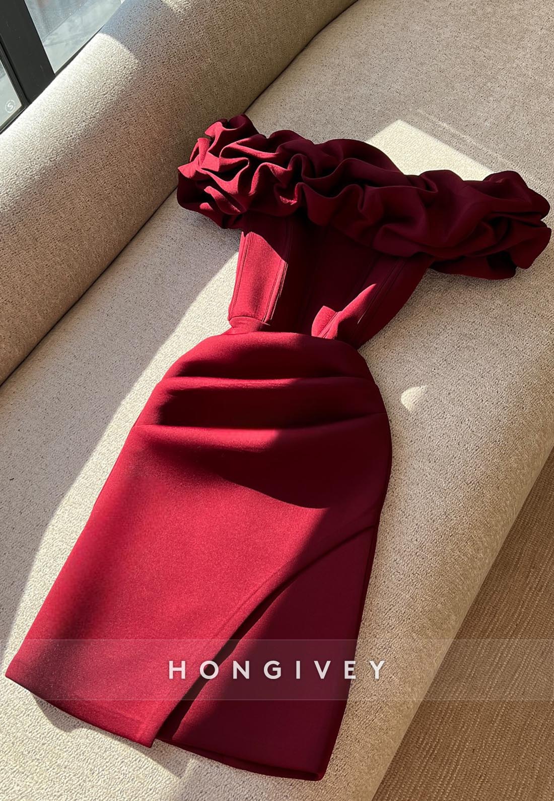 Red Short Sheath Off the Shoulder Party Dresses Pleated Homecoming Dresses