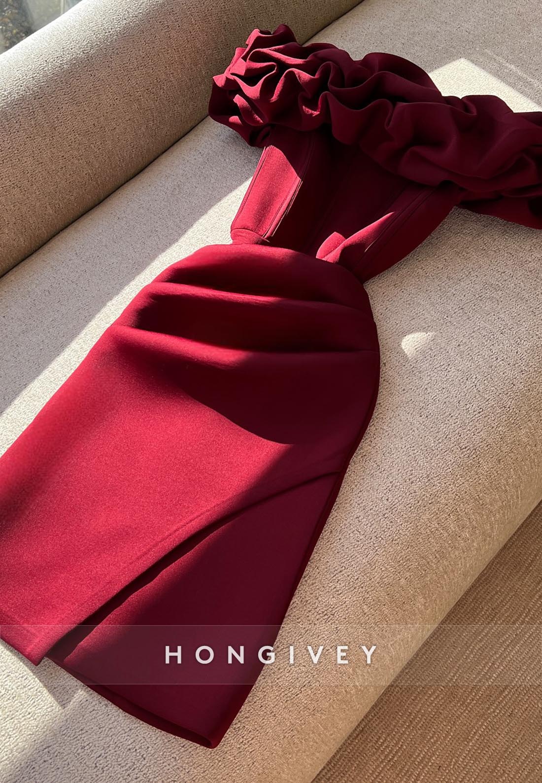 Red Short Sheath Off the Shoulder Party Dresses Pleated Homecoming Dresses