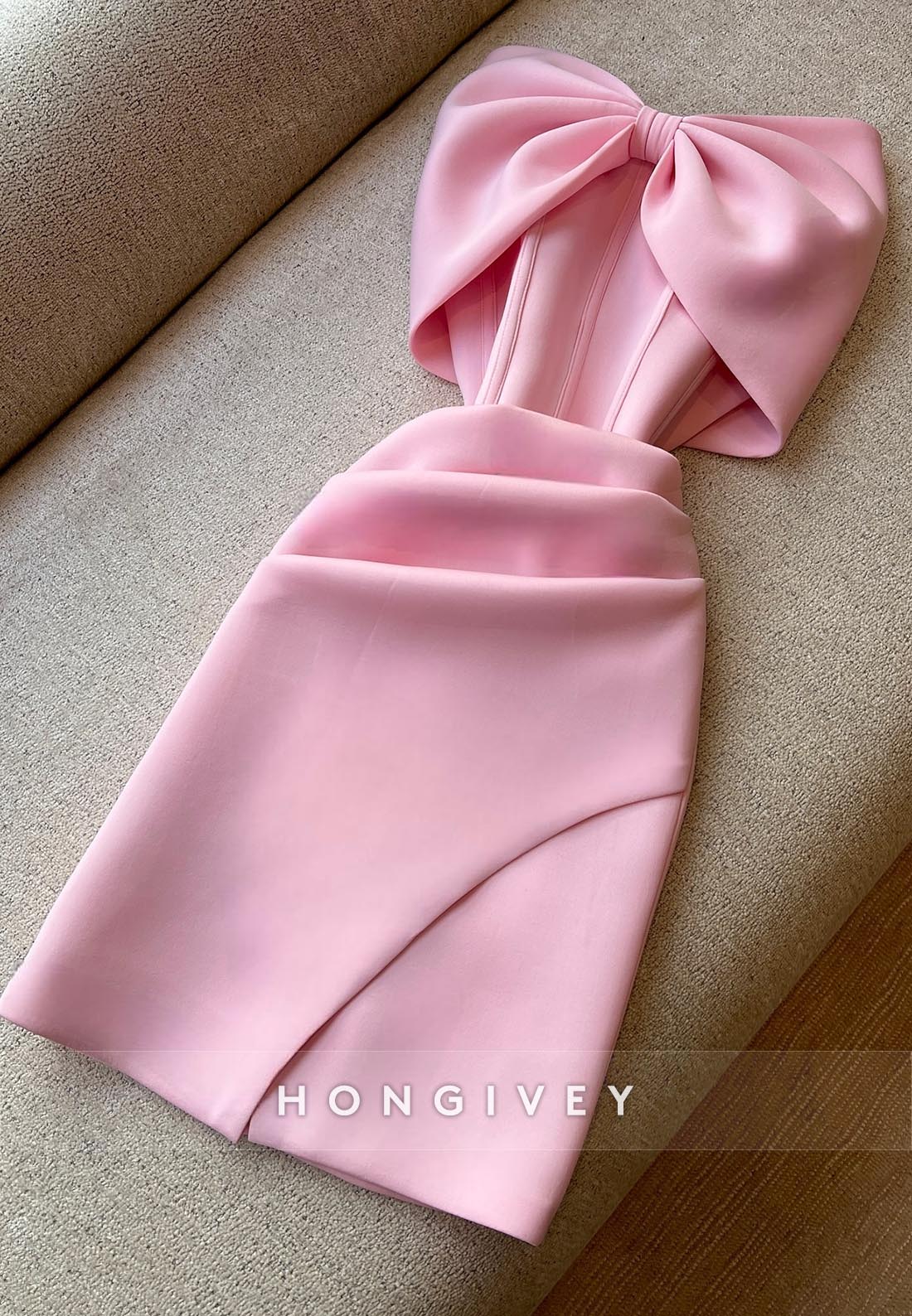Pink Bowknot Sheath Off the Shoulder Party Dresses Pleated Short Satin Homecoming Dresses