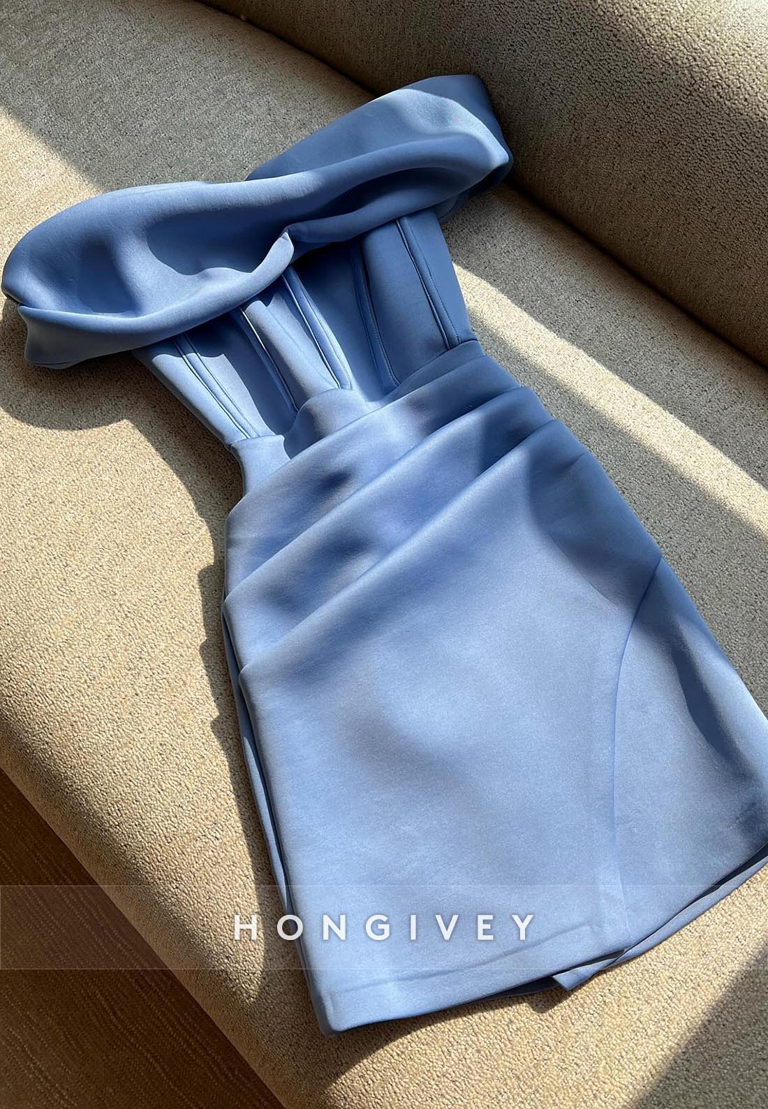 Off the Shoulder Satin Pleated Party Dresses Sheath Simple Short Homecoming Dresses