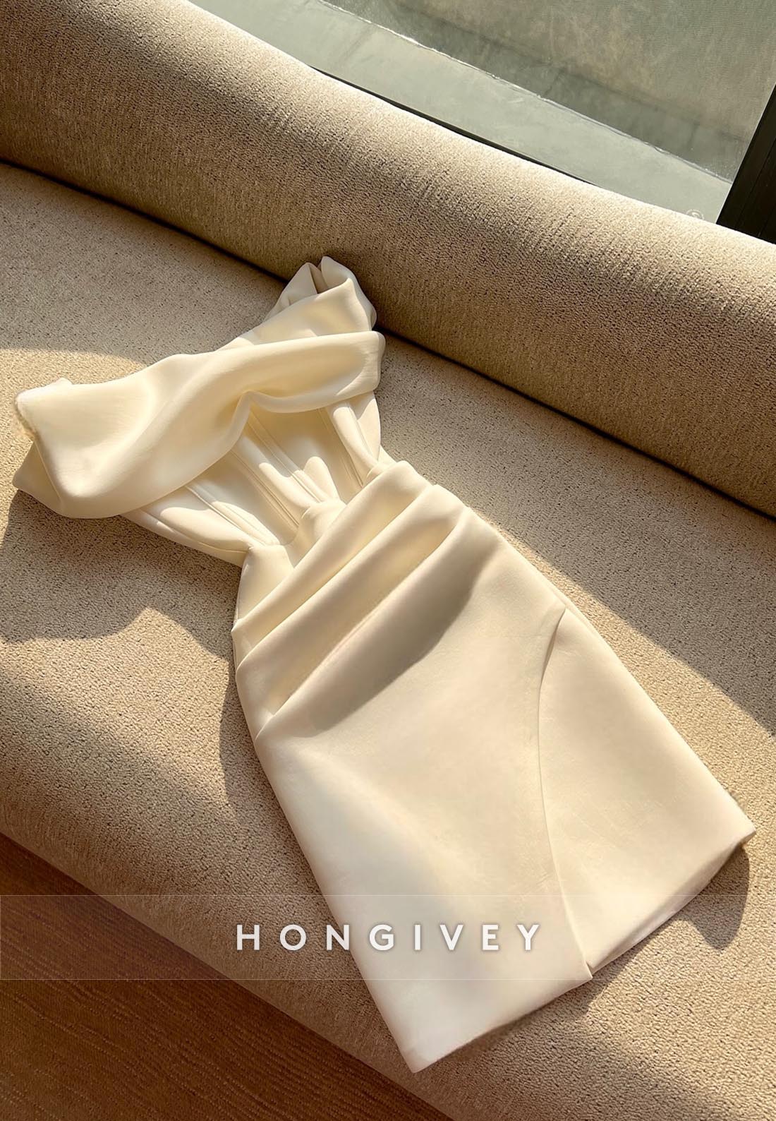 Simple Sheath Short Party Dresses Off the Shoulder Satin Pleated Party Dresses