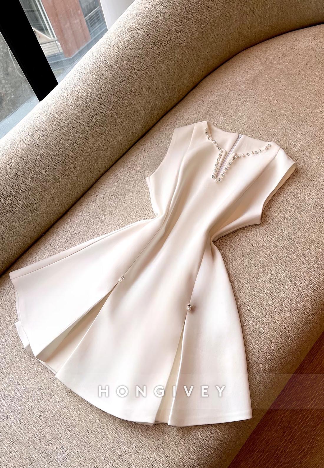 Ivory Pearls Mini Party Dress V Neck Satin Pleated Homecoming Dress
