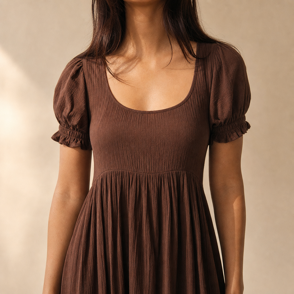 Scoop Neck Puff Sleeve Tie Front Fit and Flare Midi Dress 2