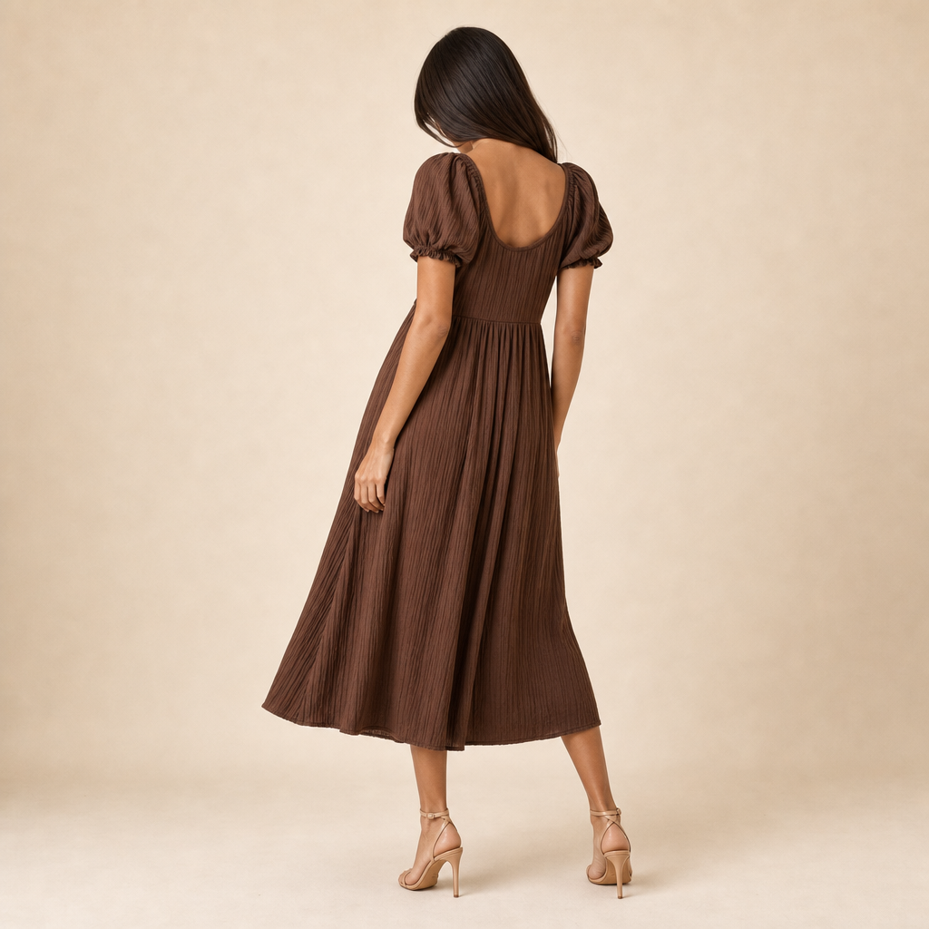 Scoop Neck Puff Sleeve Tie Front Fit and Flare Midi Dress 4