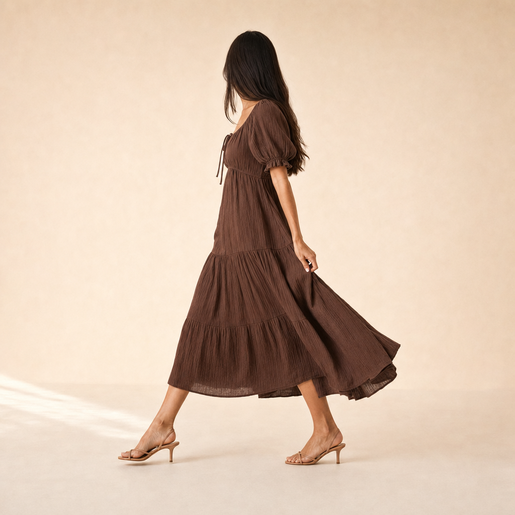 Scoop Neck Puff Sleeve Tie Front Fit and Flare Midi Dress 5