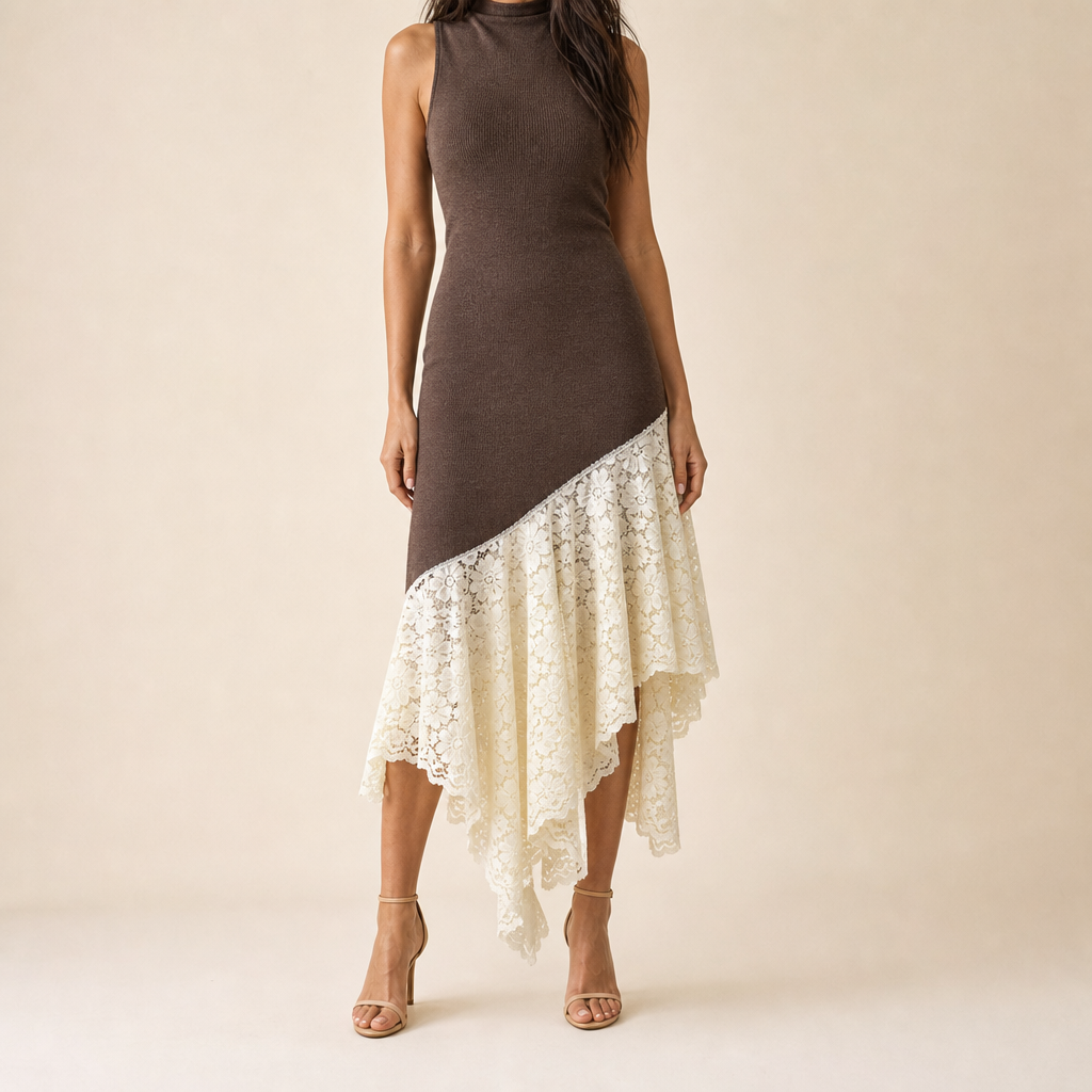 Mock Neck Sleeveless Lace Asymmetric Knit Midi Dress
