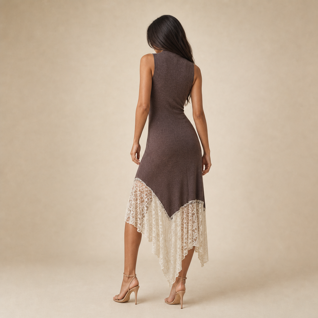 Mock Neck Sleeveless Lace Asymmetric Knit Midi Dress 4