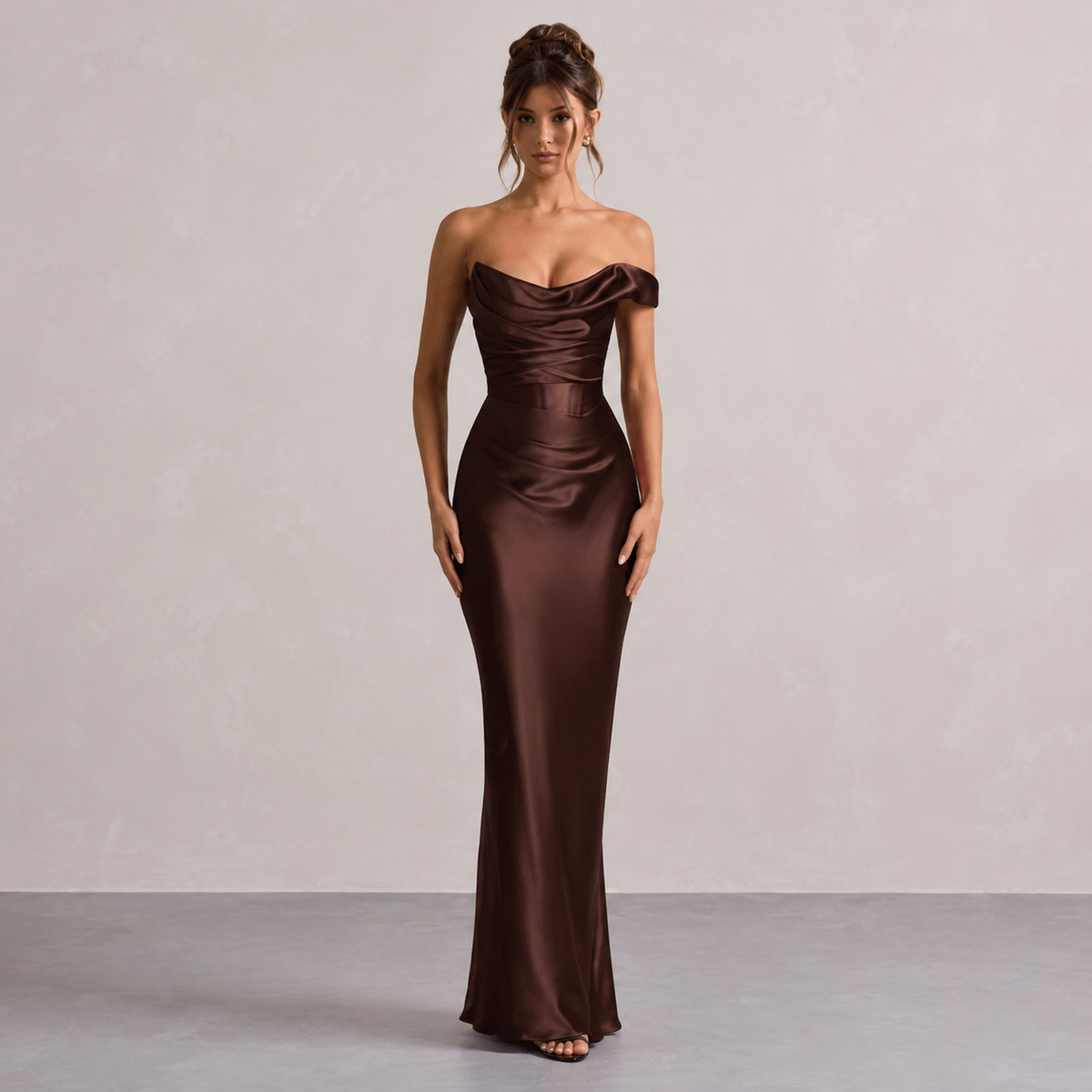 Off Shoulder Ruched Satin Fishtail Maxi Gown 13