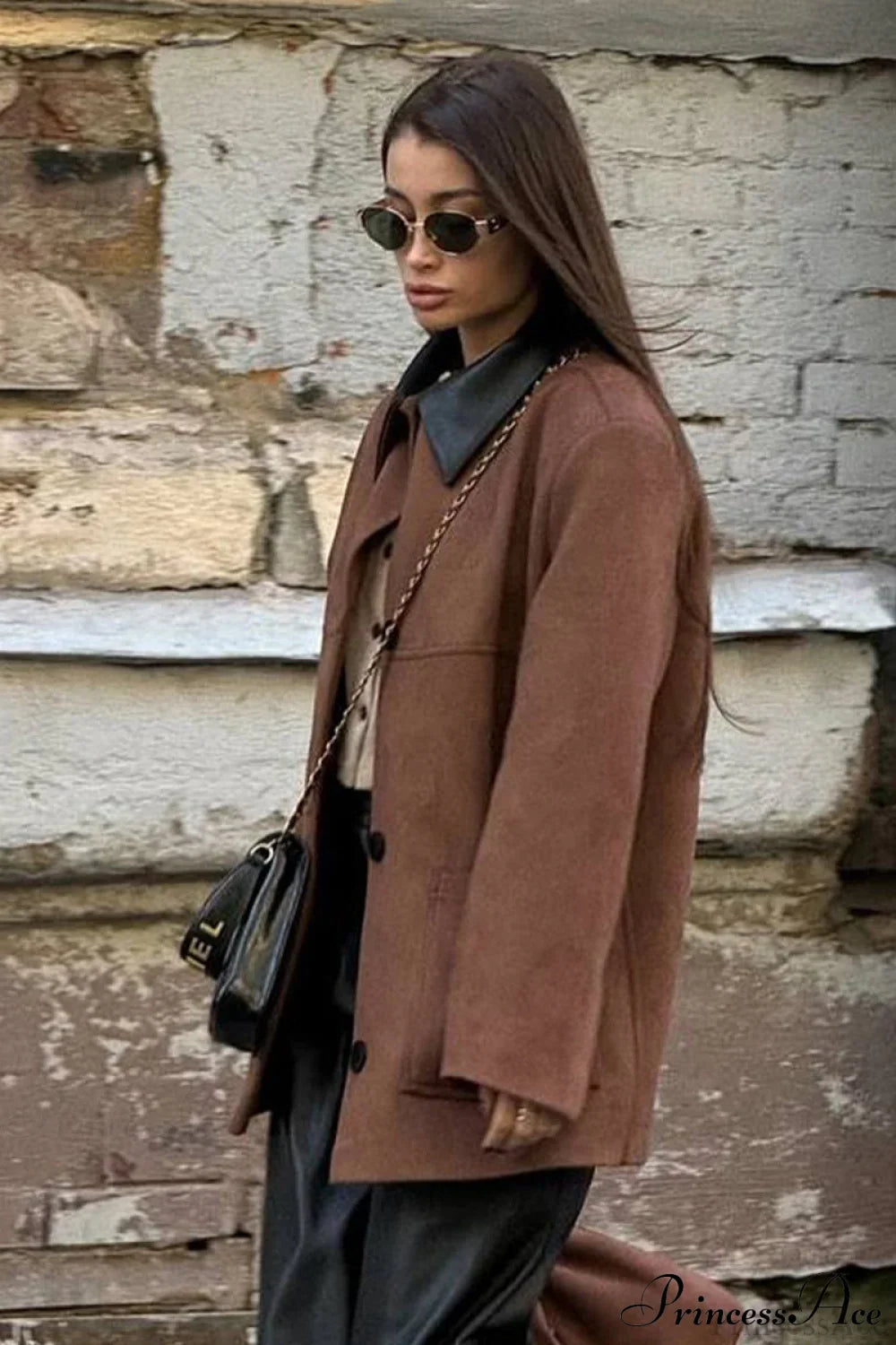 Coffee Suede Paneled Black Collar Loose Coat for Elegance