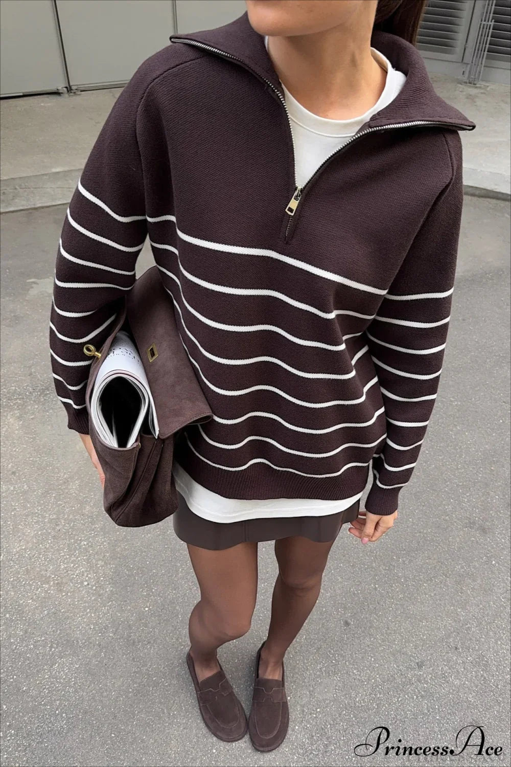 PrincessAce Striped Long Sleeve Collared Half Zip Sweater