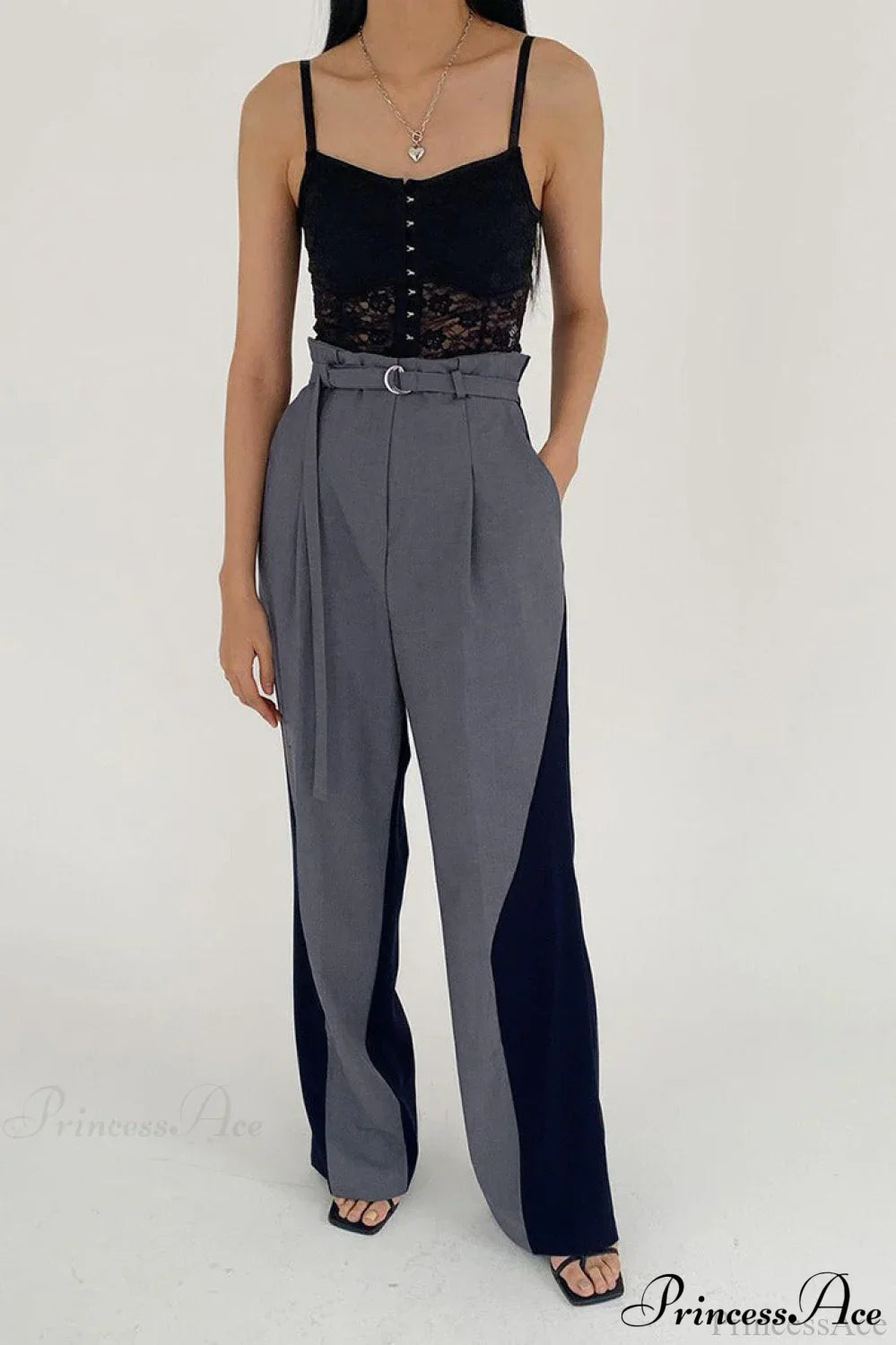 Color Block High Waisted Wide Leg Pants Grey / S