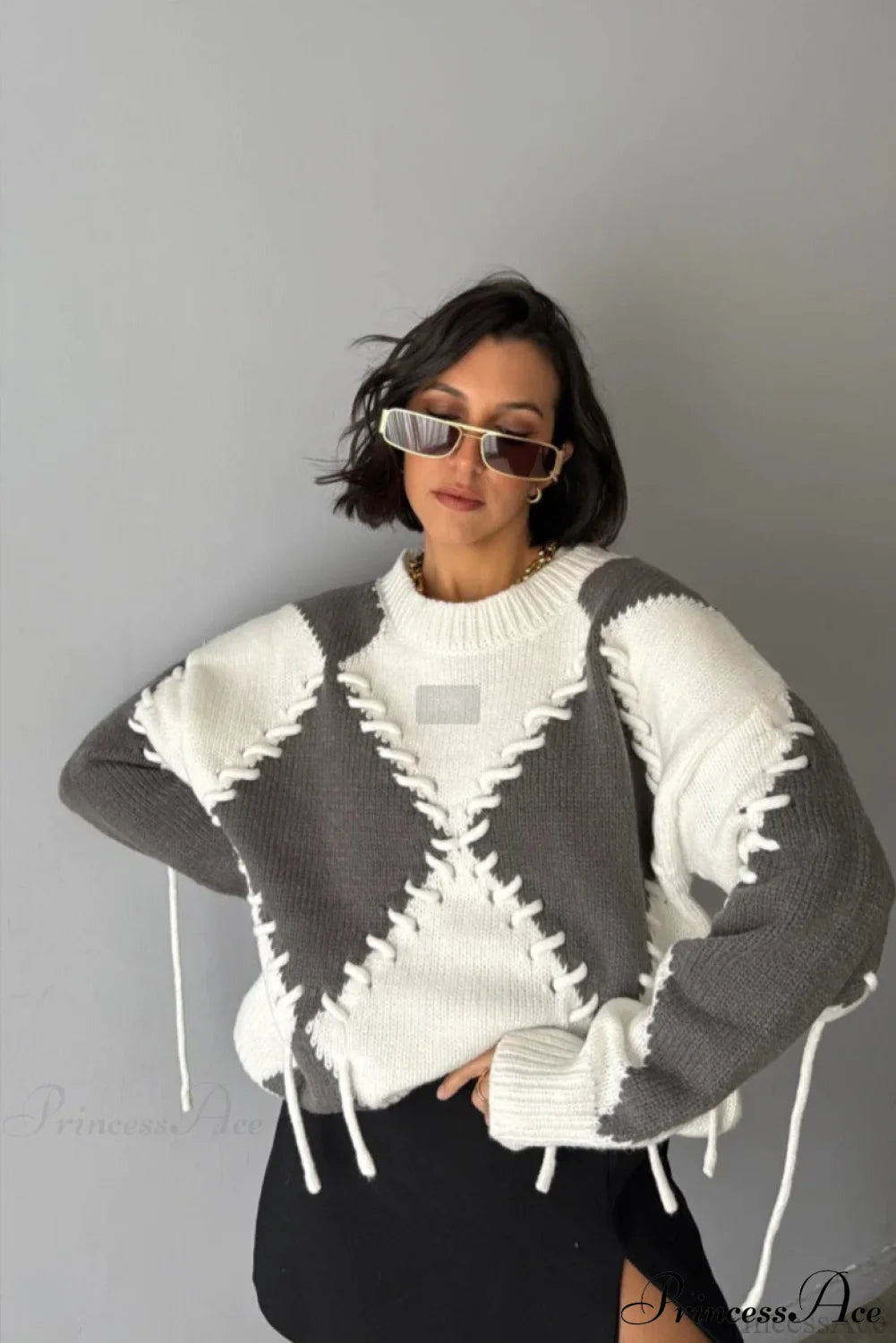 Colorblock Argyle Drawstring Knit Sweater for Stylish Comfort