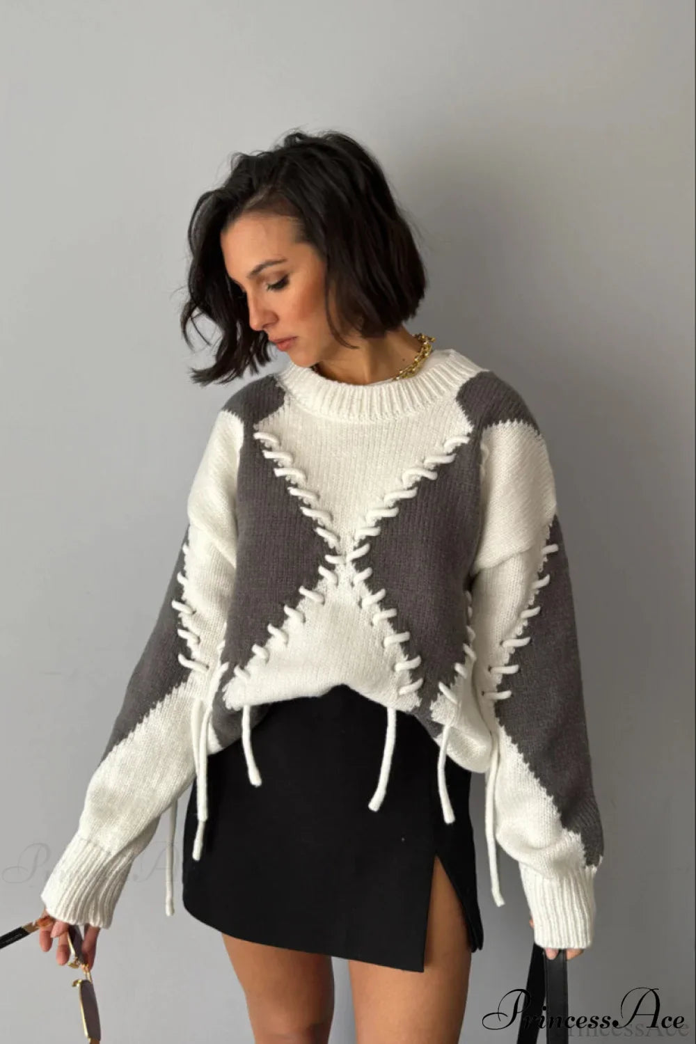 Colorblock Argyle Drawstring Crew Neck Knit Sweater Grey / S