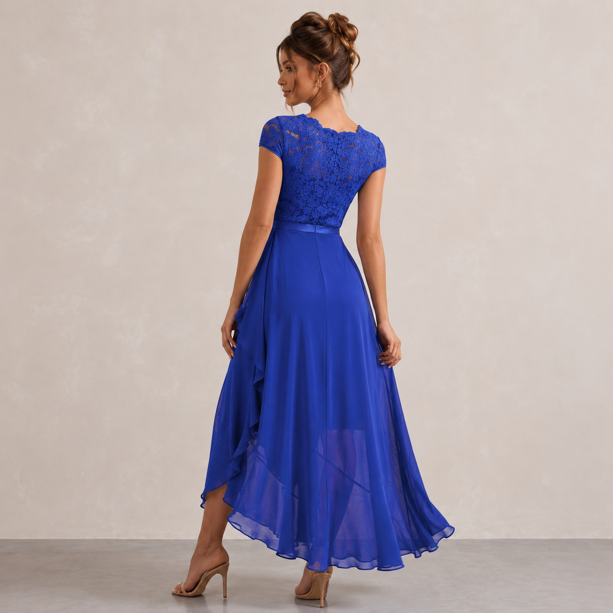 V-Neck Cap Sleeve Lace Bodice Ruffle High Low Midi Dress 18