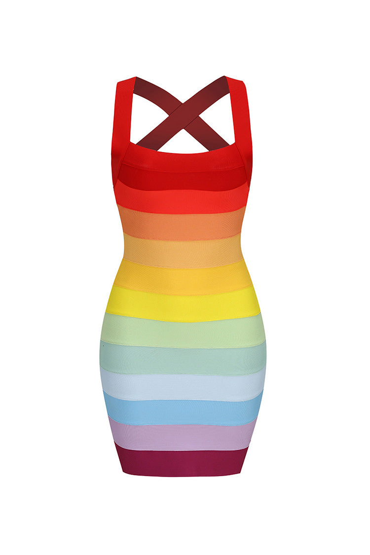 Colorful Square Neck Cross Back Cutout Bandage Bodycon Party Mini Dress - Fashionpara