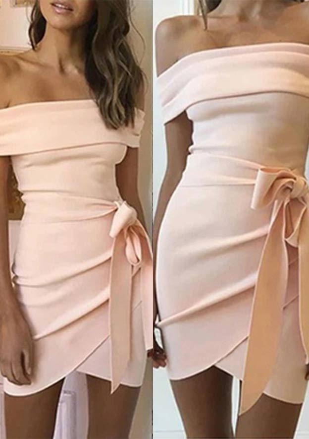Column Off-the-Shoulder Short Sleeve Homecoming Dress with Split and Bandage Detail - Fashionpara