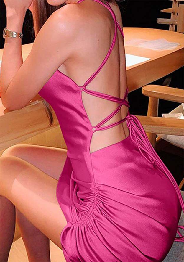 Column Sleeveless Asymmetrical Satin Homecoming Dress with Side Draping - Fashionpara