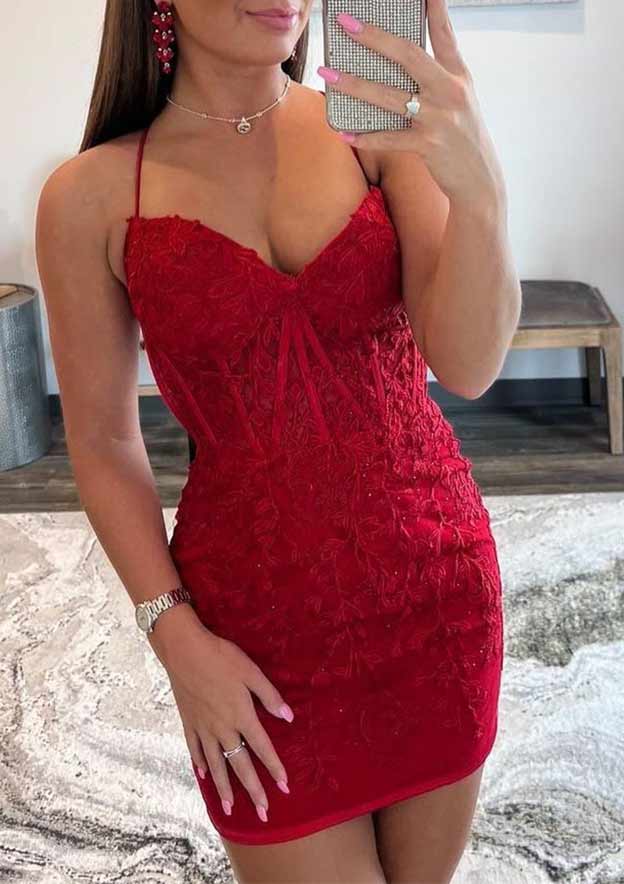 Column V Neck Sleeveless Lace Homecoming Dress with Beading - Fashionpara