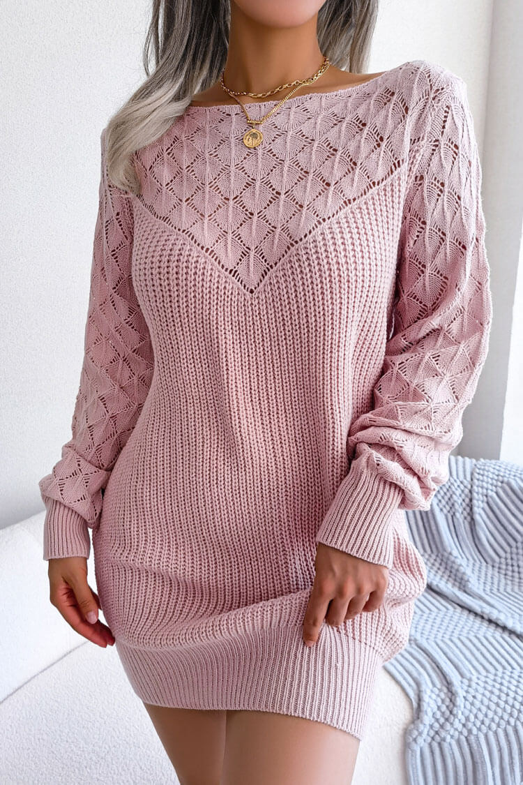 Comfy Long Sleeve Pointelle Crochet Sweater Mini Dress - Pink