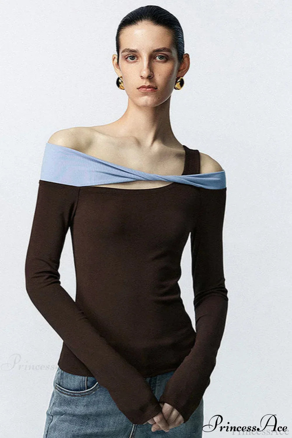 Contrast Color One Shoulder Cutout Slim Long Sleeve Tee