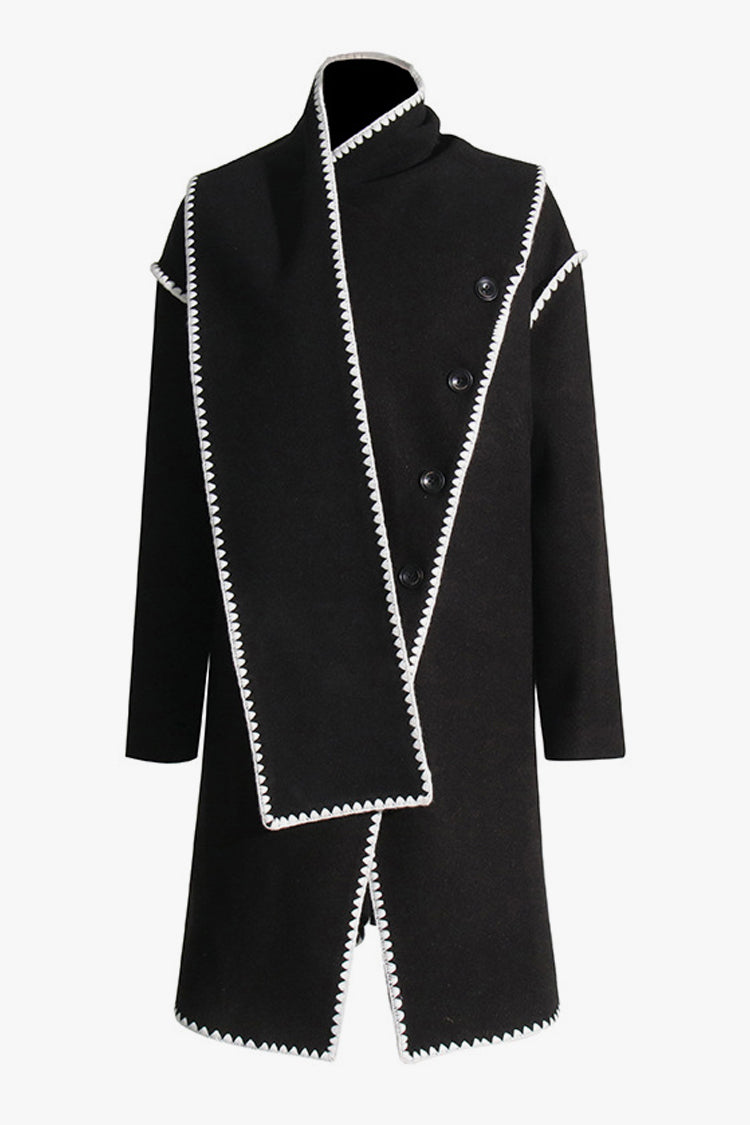 Contrast Embroidered Wool Blend Oversized Wrap Coat