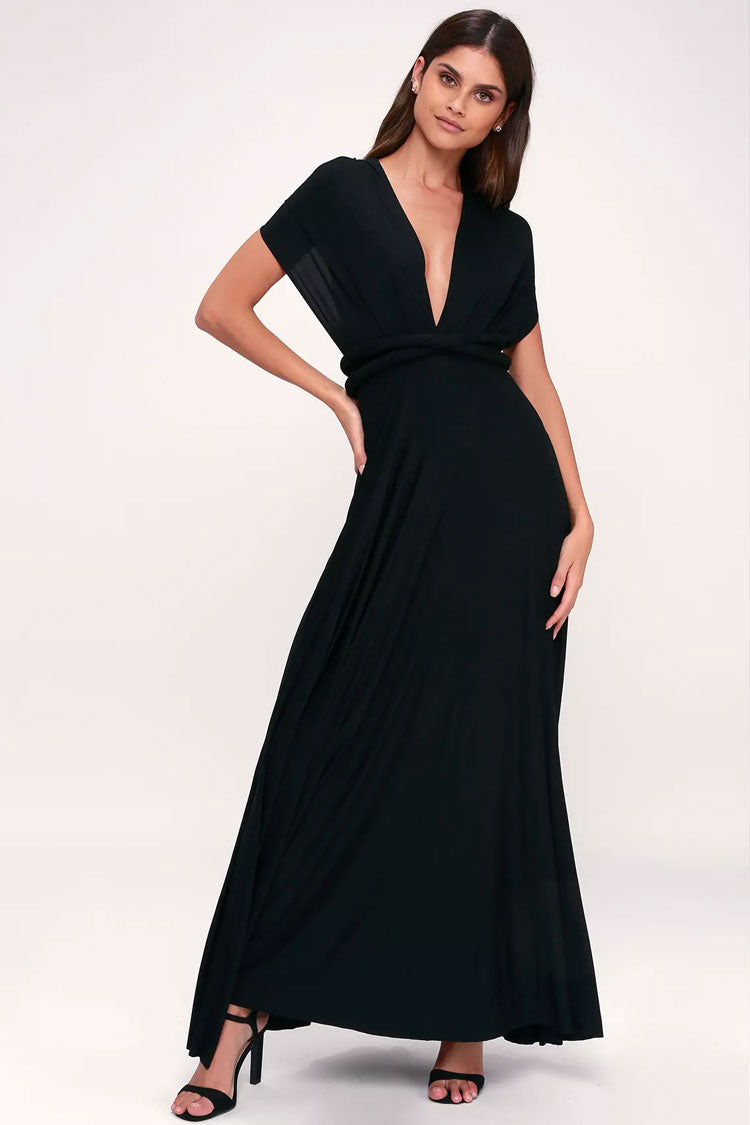Convertible High Waist A-Line Infinity Maxi Prom Dress - Black  Fashionpara