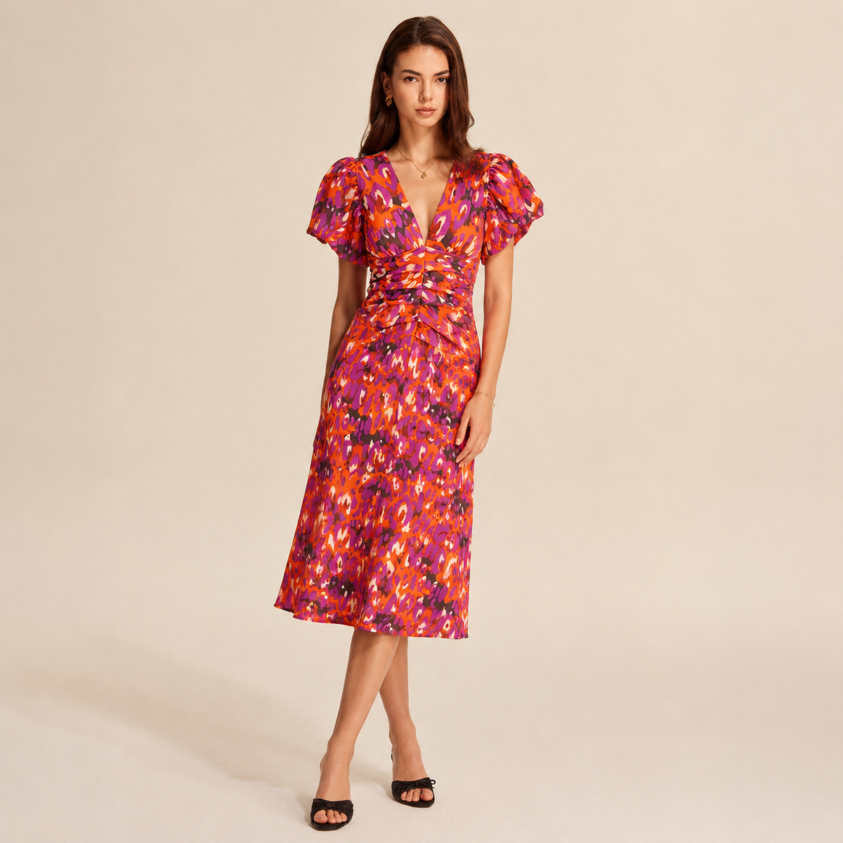 Floral V-Neck Puff Sleeve Twist Front Midi Dress 7