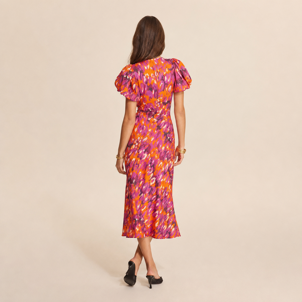 Floral V-Neck Puff Sleeve Twist Front Midi Dress 9