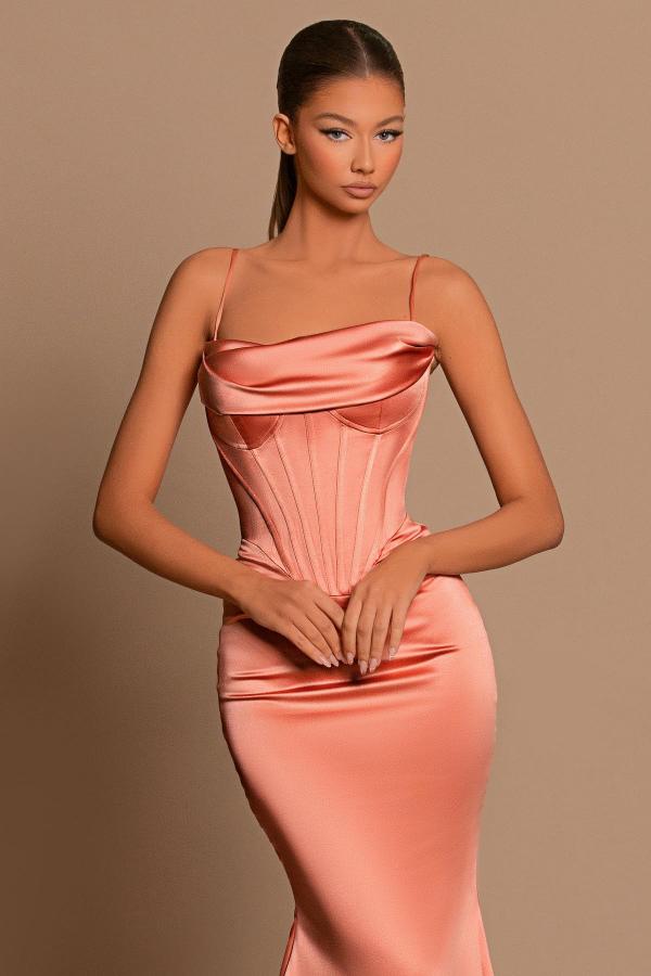 Coral Spaghetti-Straps Prom Dress Mermaid Sleeveless - Fashionpara