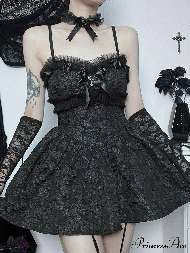 Corset A-Line Mini Black Rose Print Lace Patchwork Shirring Backless Slip Nightclub Dress