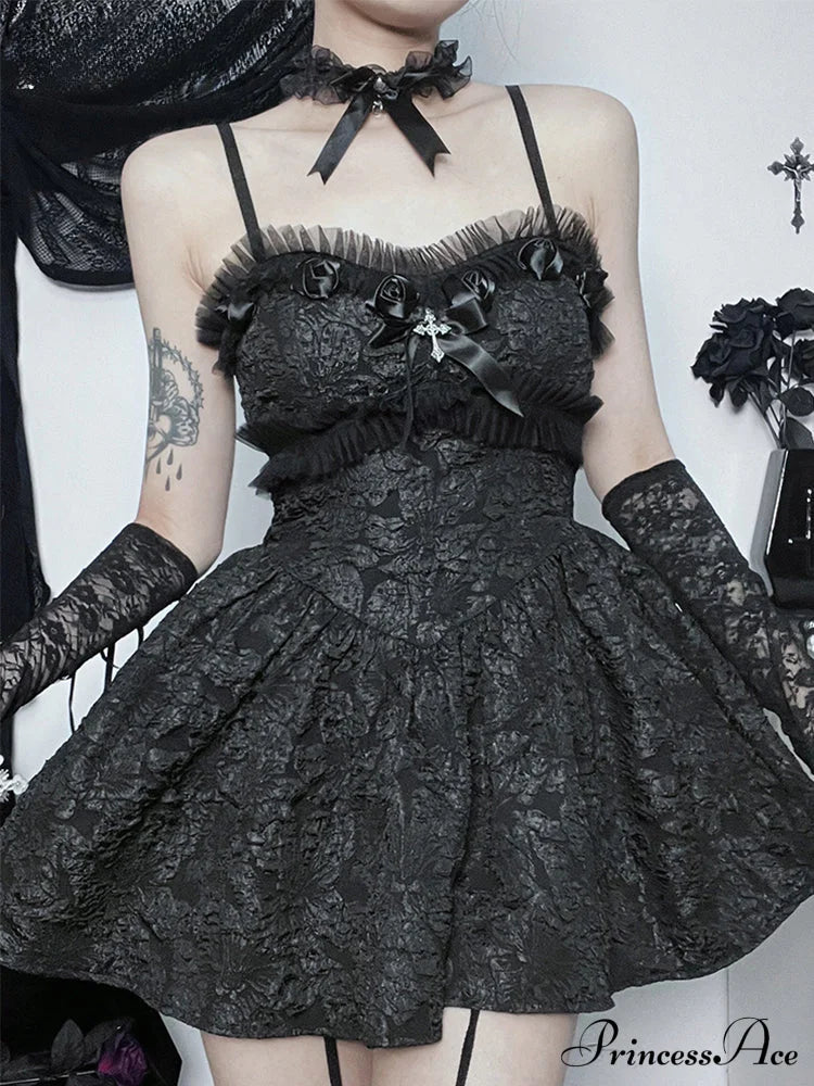 Corset A-Line Mini Black Rose Print Lace Patchwork Shirring Backless Slip Nightclub Dress