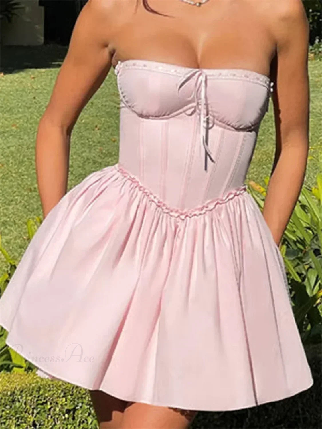 Strapless Sweetheart Lace Up Corset Fit and Flare Mini Dress