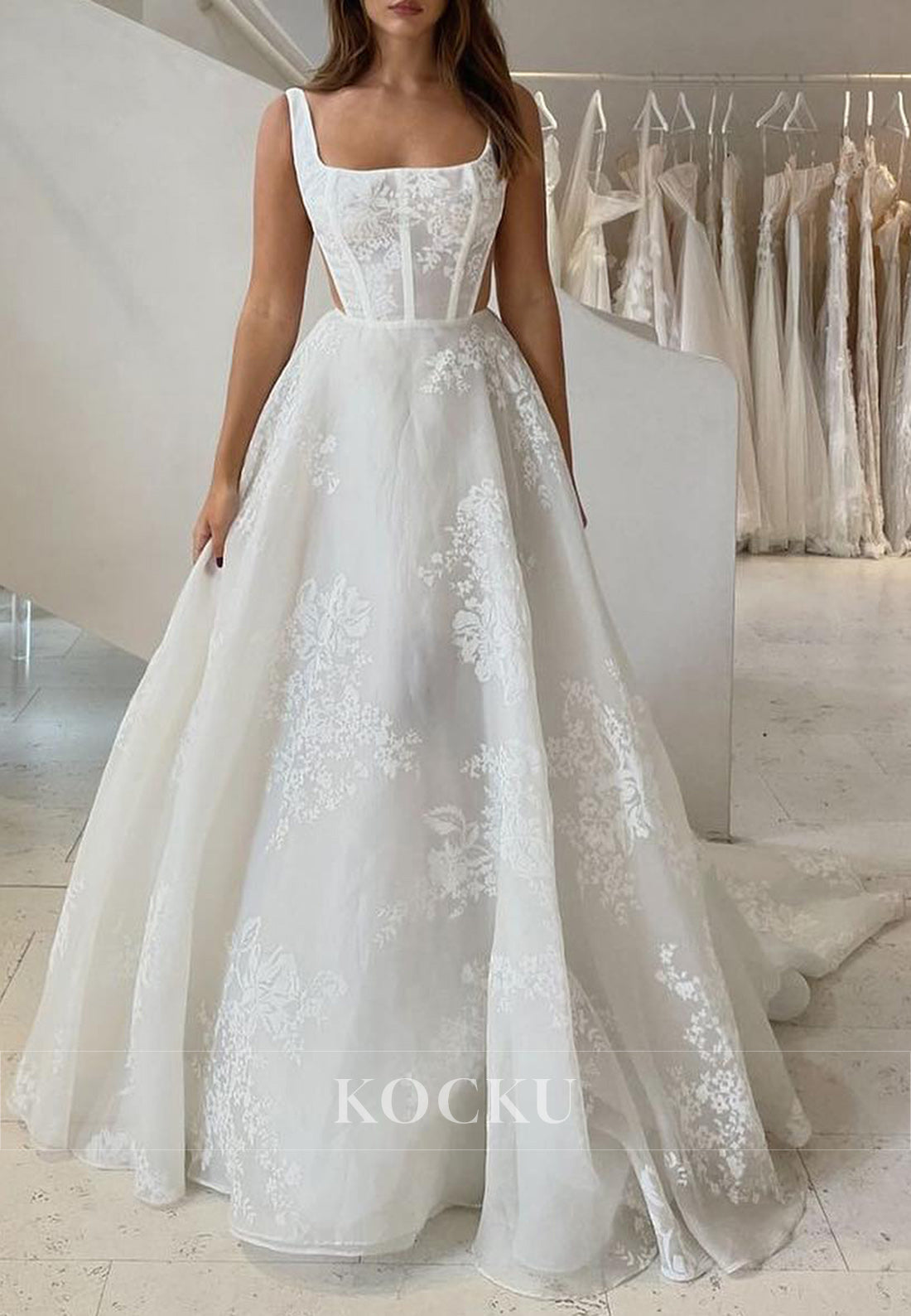 Square Neck Open Back Organza Ball Gown Wedding Dress with Lace Embroidery