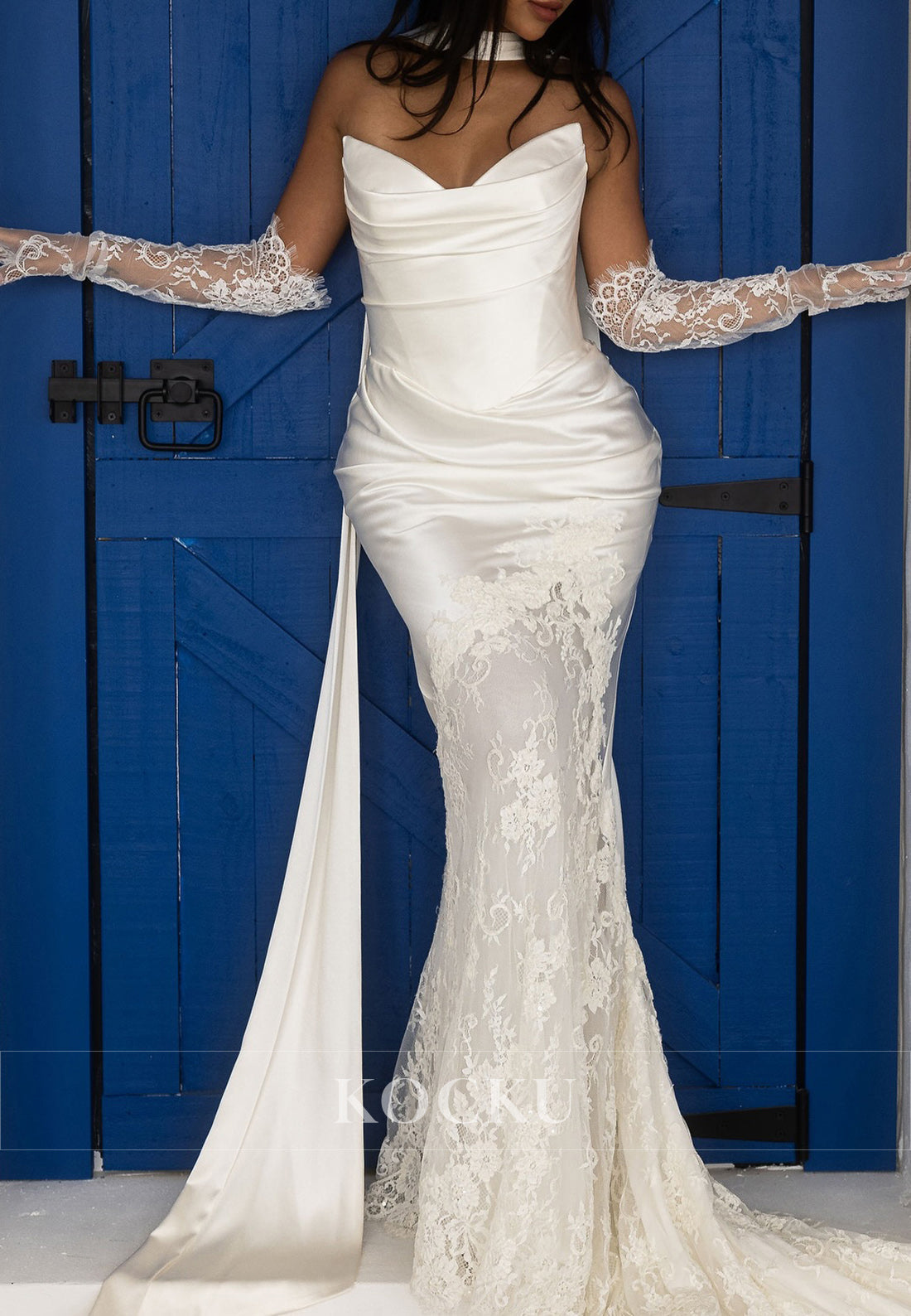 Elegant Strapless Ruched Satin Mermaid Wedding Dress with Lace Overlay, Sheer Gloves and Scarf