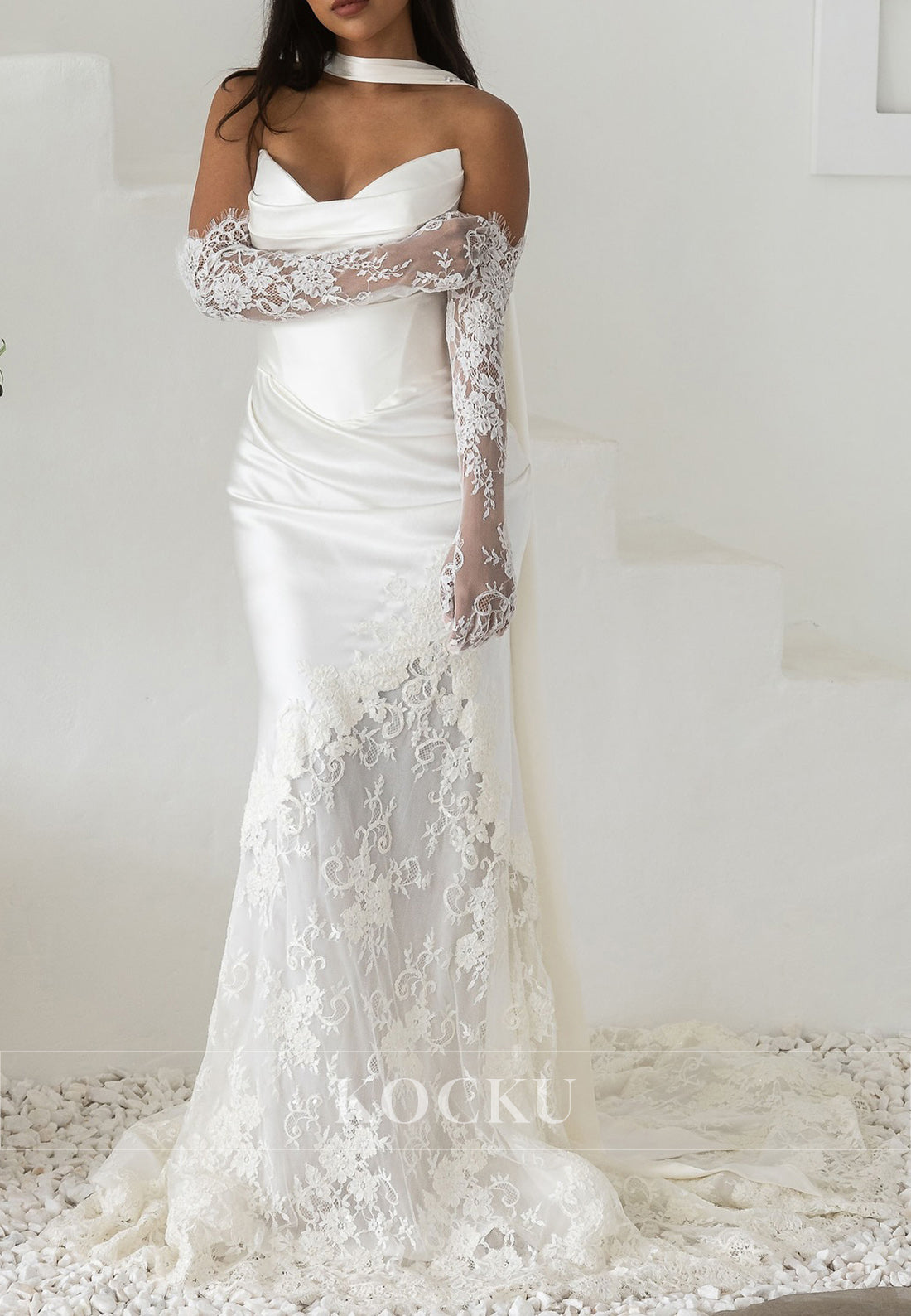 Elegant Strapless Ruched Satin Mermaid Wedding Dress with Lace Overlay, Sheer Gloves and Scarf