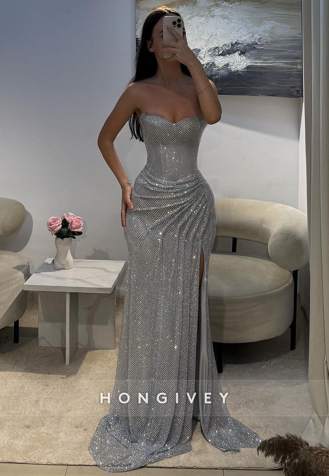 Glitter Evening Gown Sweetheart Floor-Length Pleated Sheath Formal Dresses