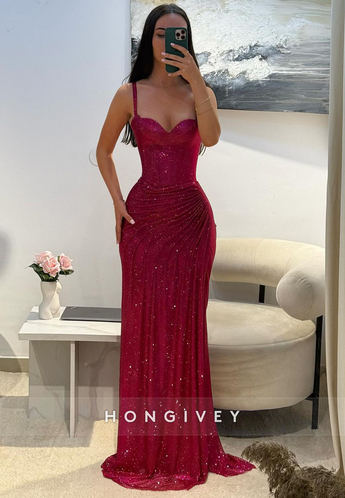 Sweetheart Glitter Evening Gown Regular Straps Floor-Length Pleated Sheath Formal Dresses