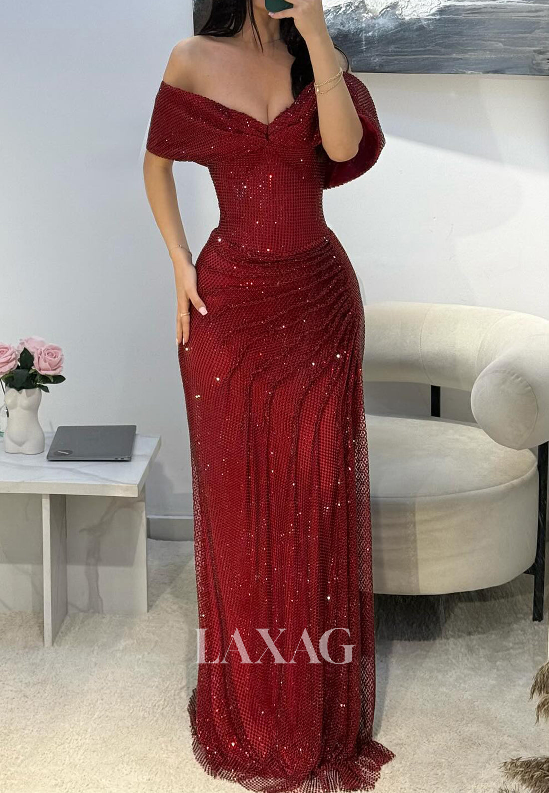 V-Neck Sleeveless Floor-Length Mermaid Prom Dress Sequined Pleated Glitter-Knit Party Gowns