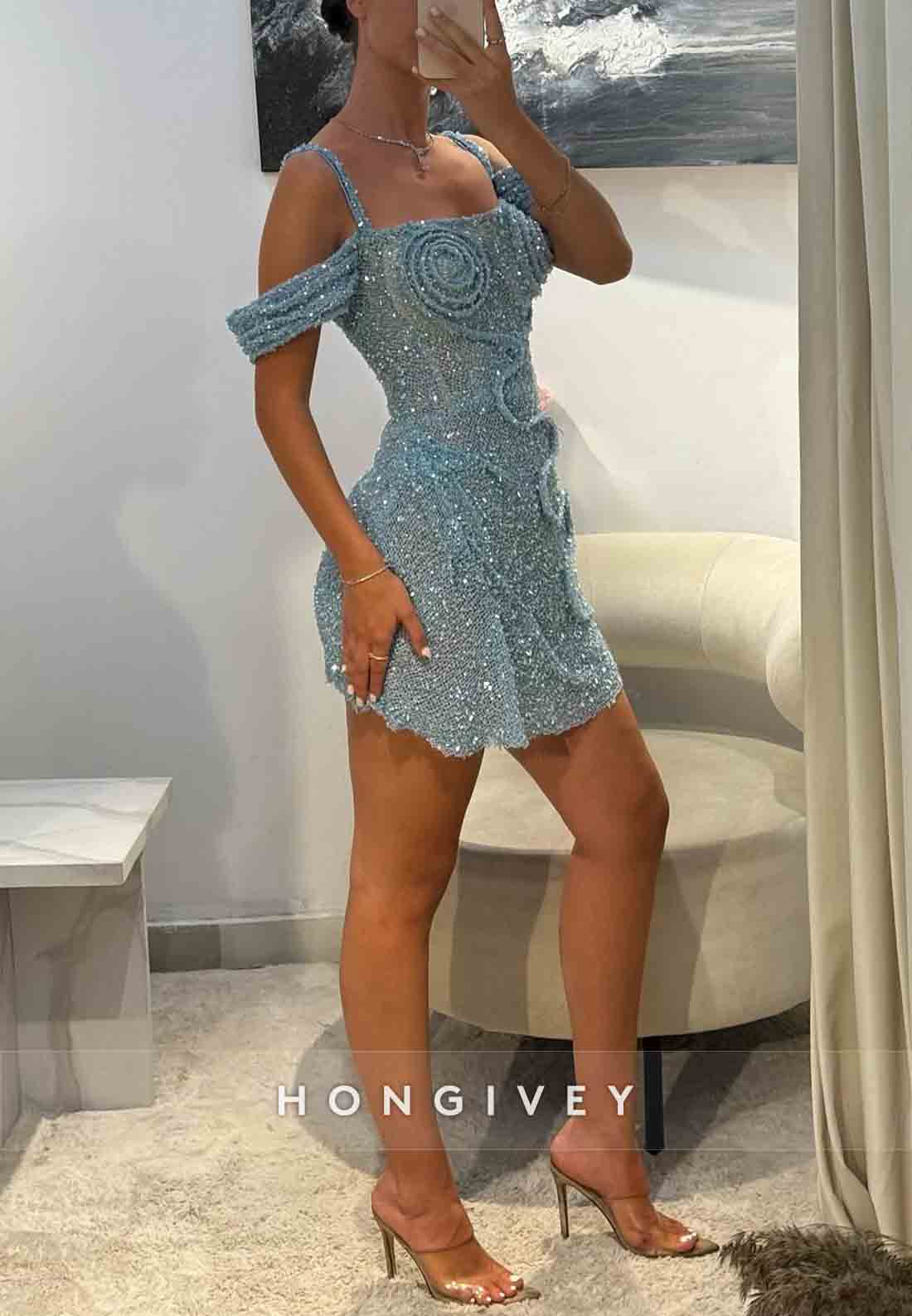 Off-Shoulder Square Neck Sheath Glitter Regular Straps Pleated Mini Homecoming Dresses