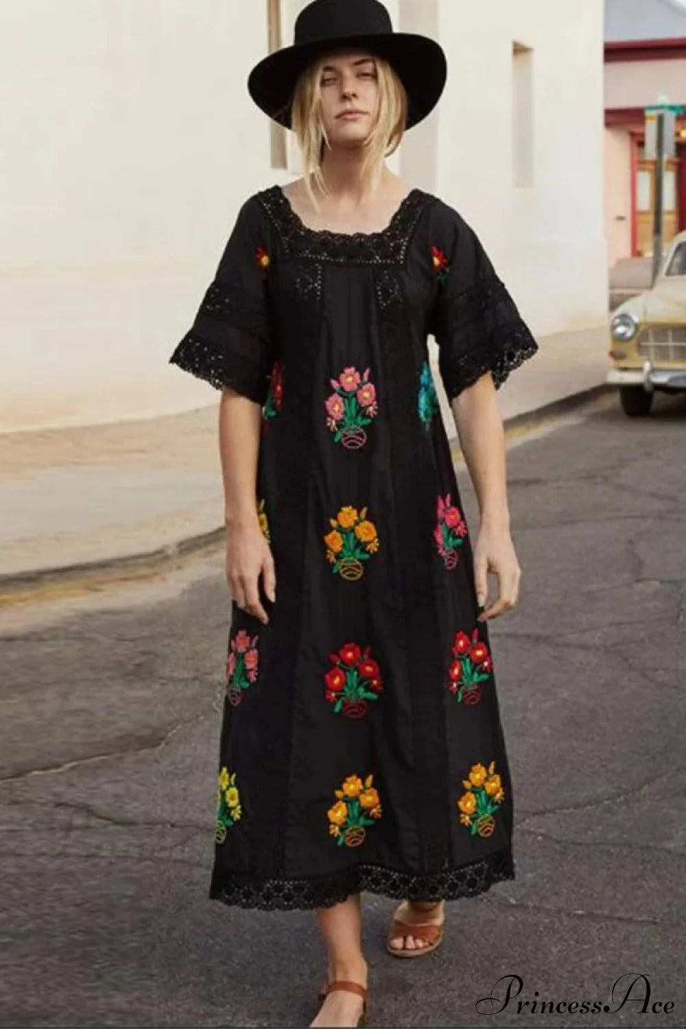 Cotton Floral Embroidery Boho Dress Black / S bohodress-250126