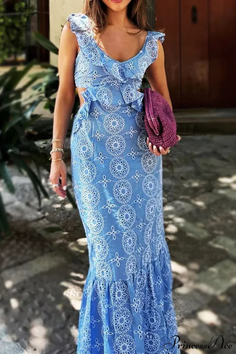 Cotton Floral Lace Party Boho Dress ROYAL BLUE / S bohodress-250126