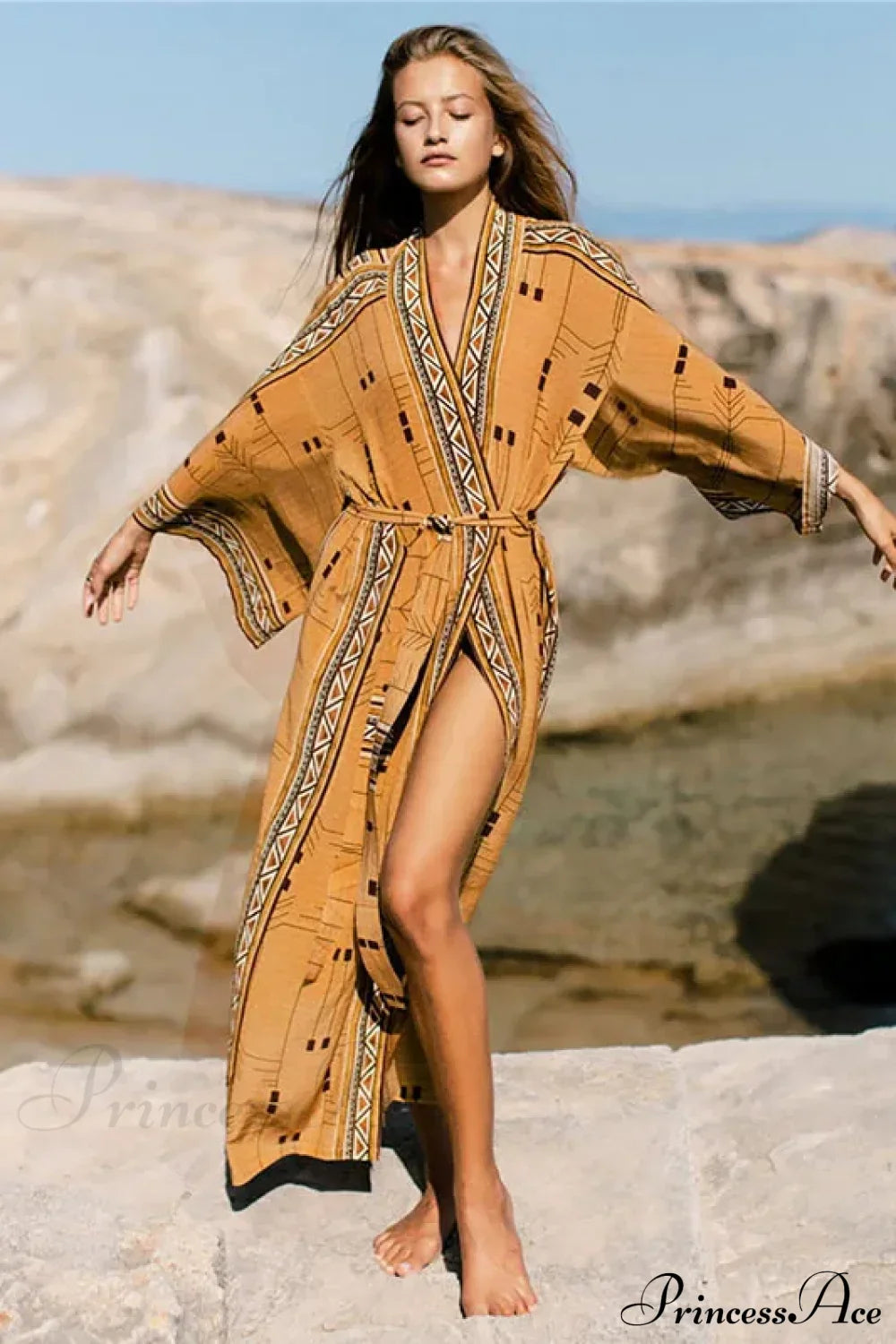 Cotton Floral Print Kimono Cover-up Yellow / One Size bohodress-250126