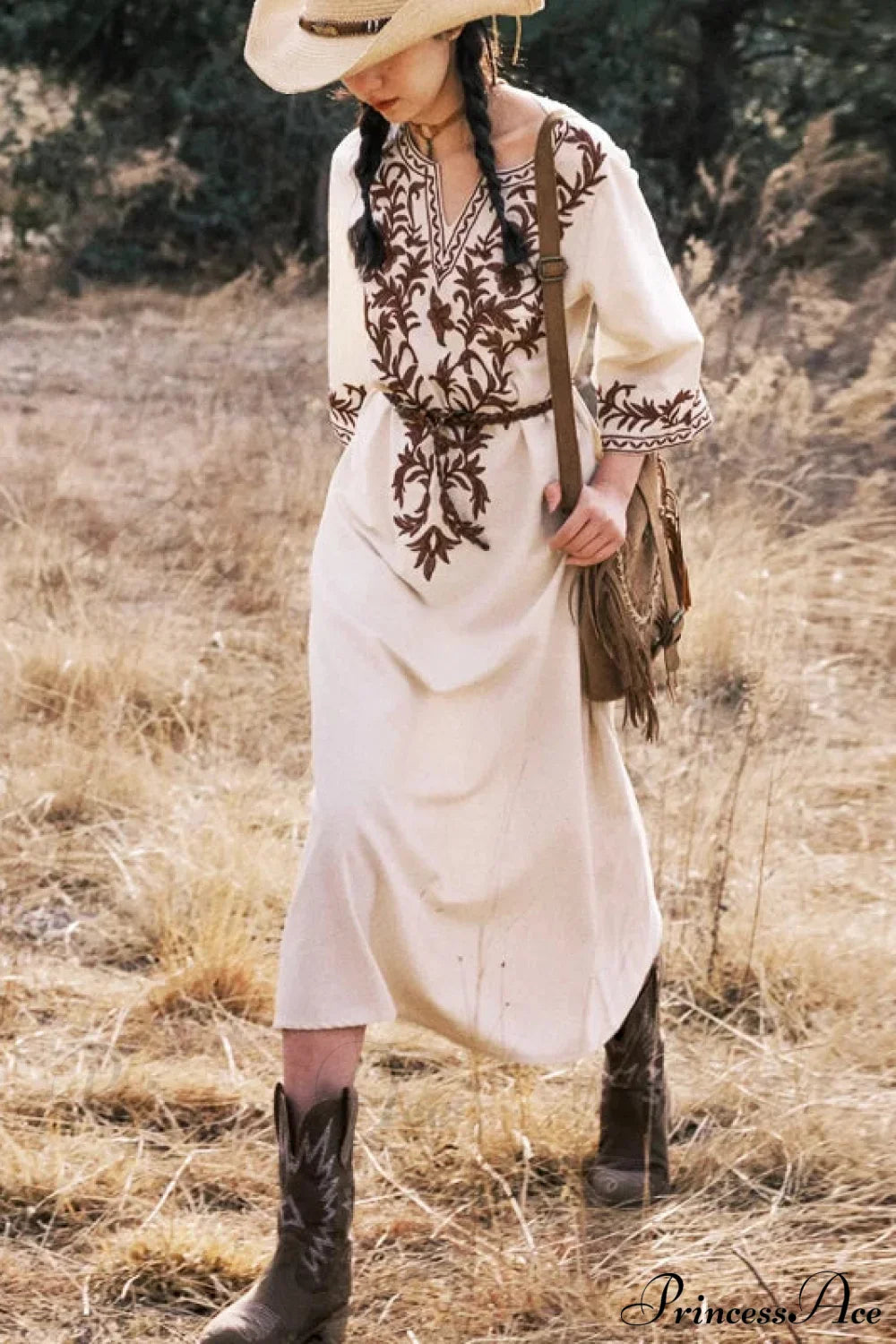Cotton Linen Floral Boho Dress Beige / M bohodress-250126