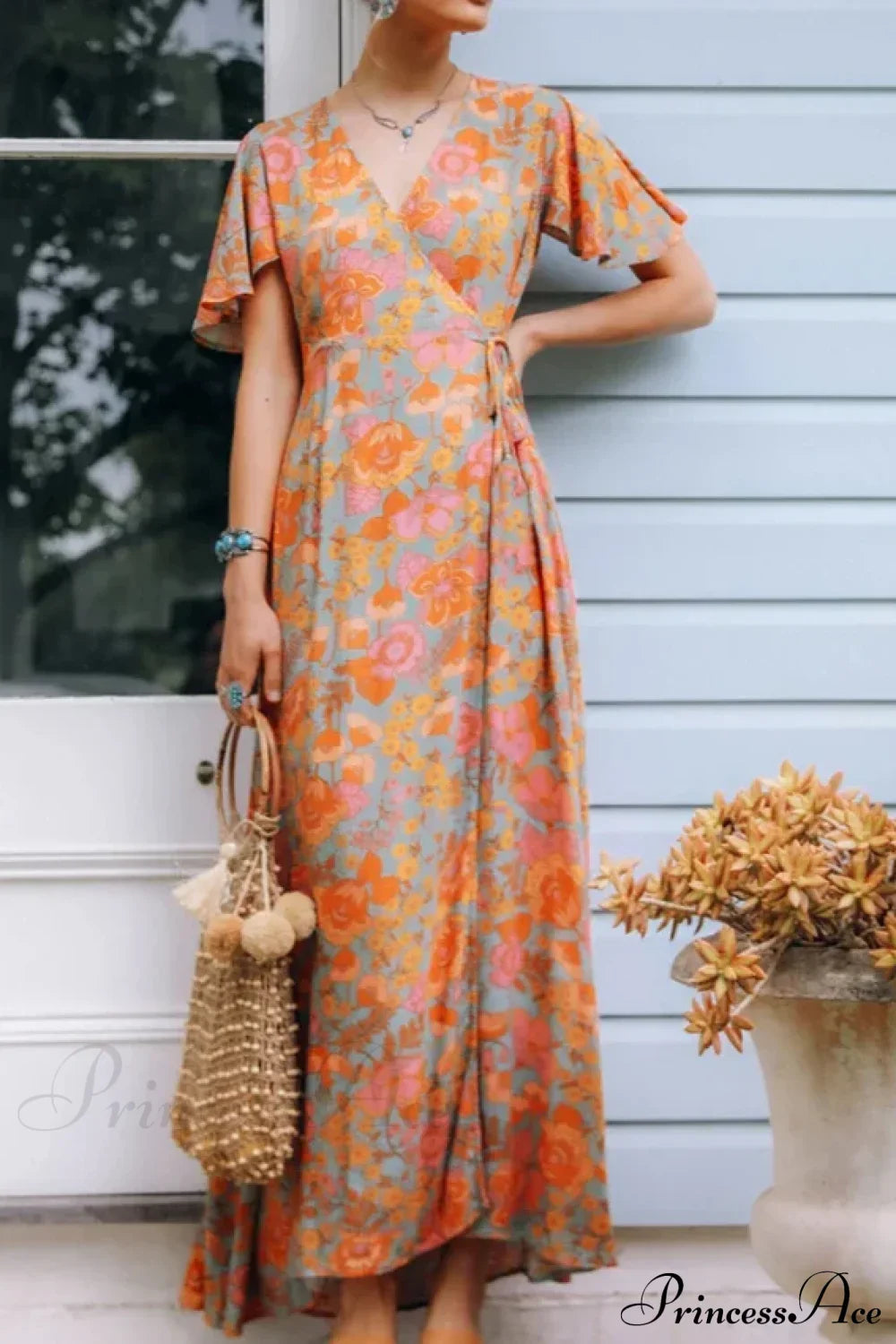 Cotton Orange Floral Boho Dress