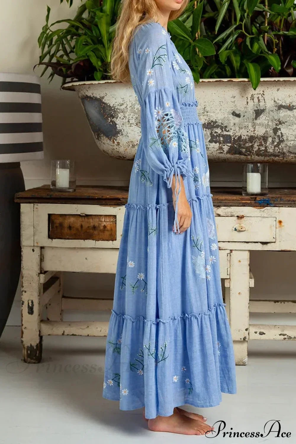 Cotton Rayon Blue Floral Embroidery Boho Dress