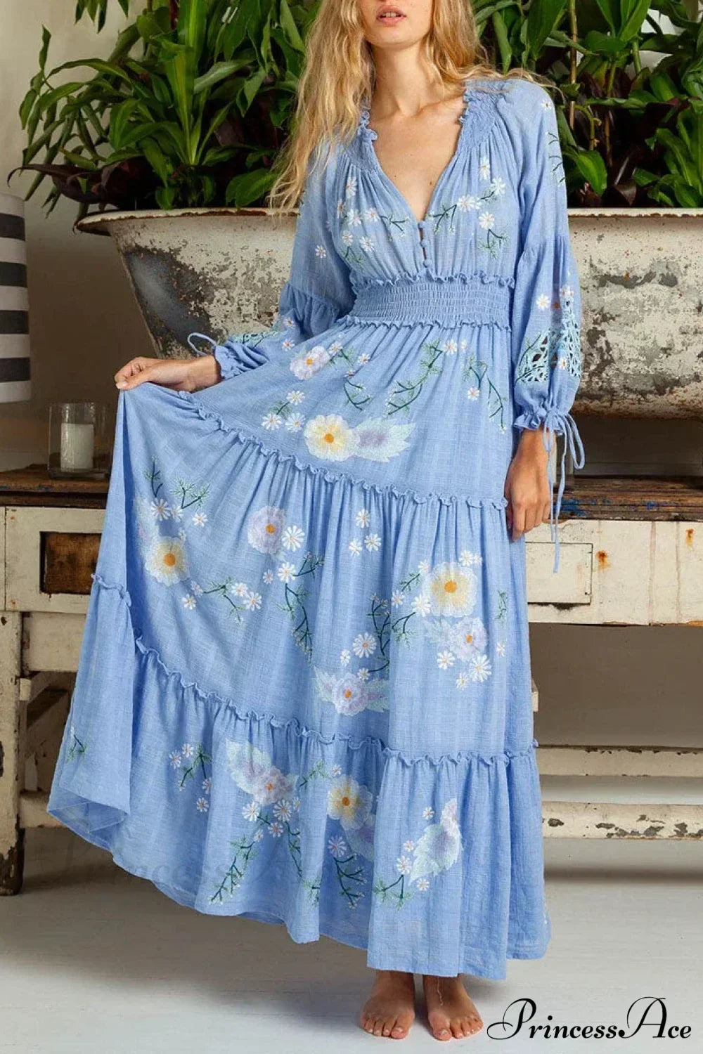 Cotton Rayon Blue Floral Embroidery Boho Dress Blue / S bohodress-250126